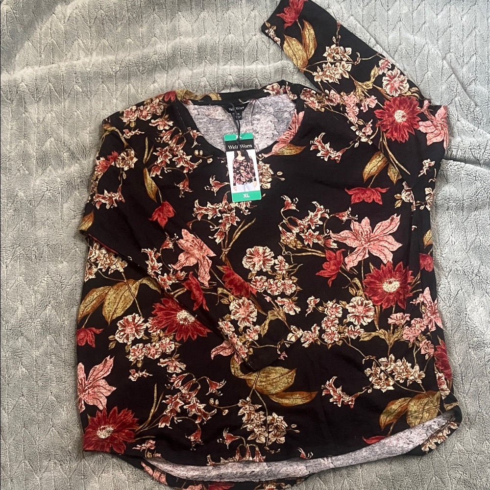 Well Worn Black Floral Long-Sleeve Top with Red, Pink & Gold Accents